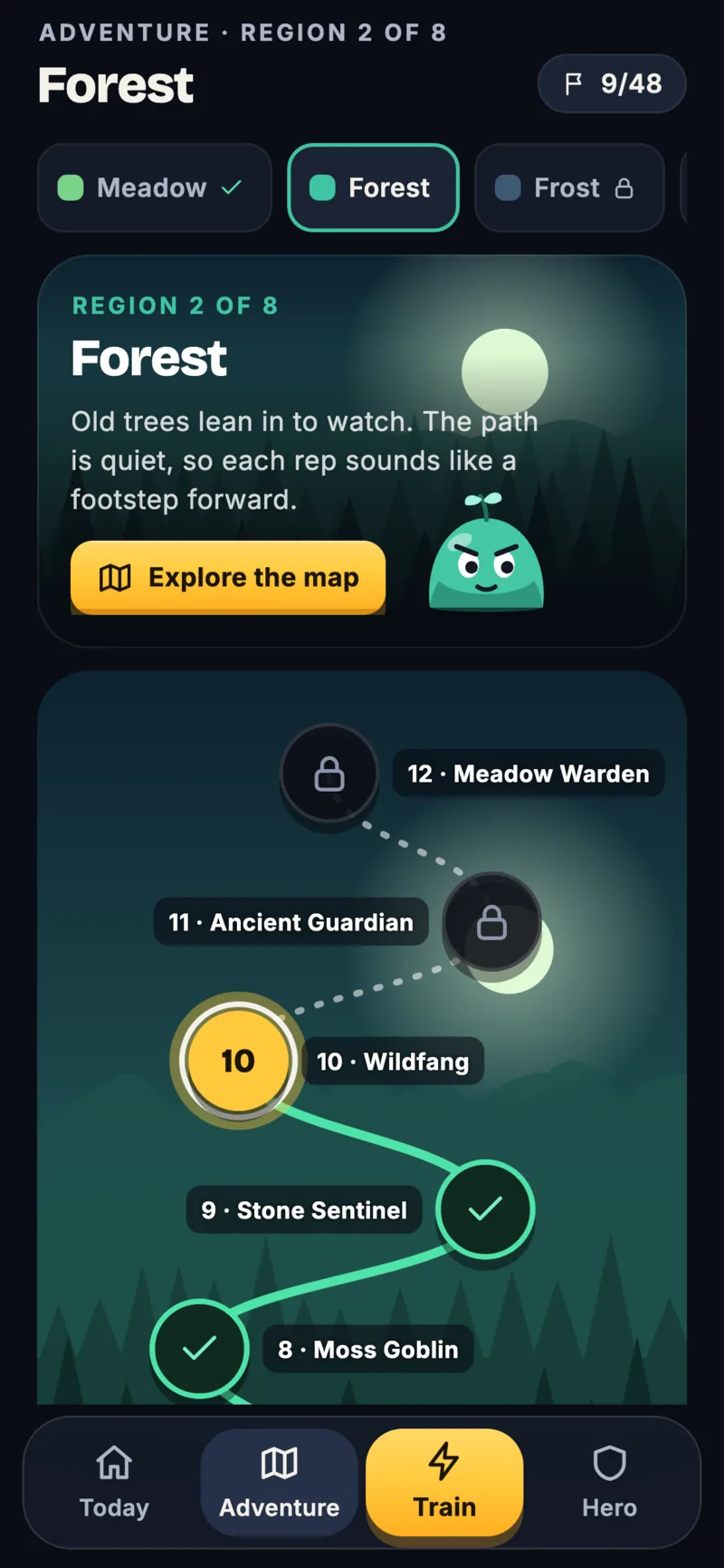 Repbound Adventure screen for the Forest, region 2 of 8, showing the region card and a path of stages: Moss Goblin and Stone Sentinel completed, Wildfang current, and later stages locked.