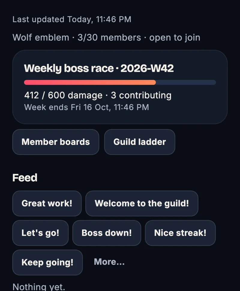 Guild panel from the Repbound app: a weekly boss race at 412 of 600 damage with 3 members contributing, and preset messages such as "Great work!" and "Boss down!".