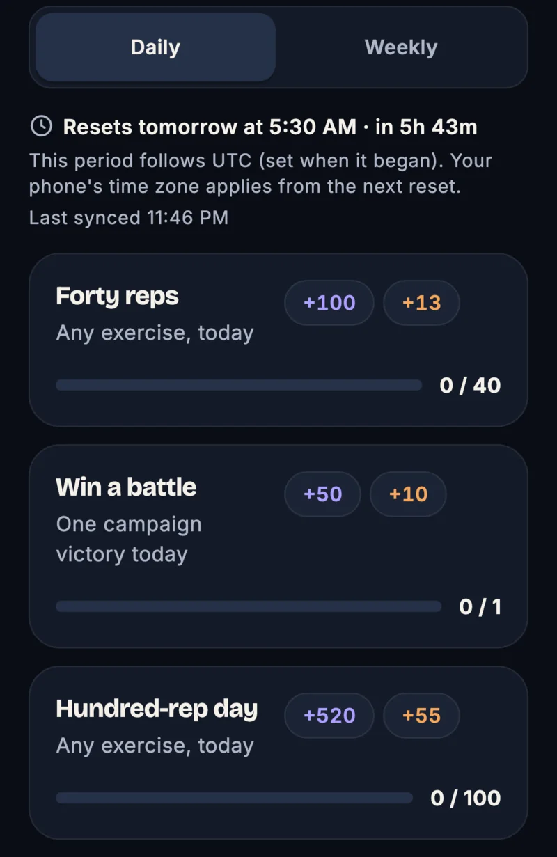 Daily trials from the Repbound app: Forty reps, Win a battle and Hundred-rep day, each with XP and coin rewards and a progress bar.