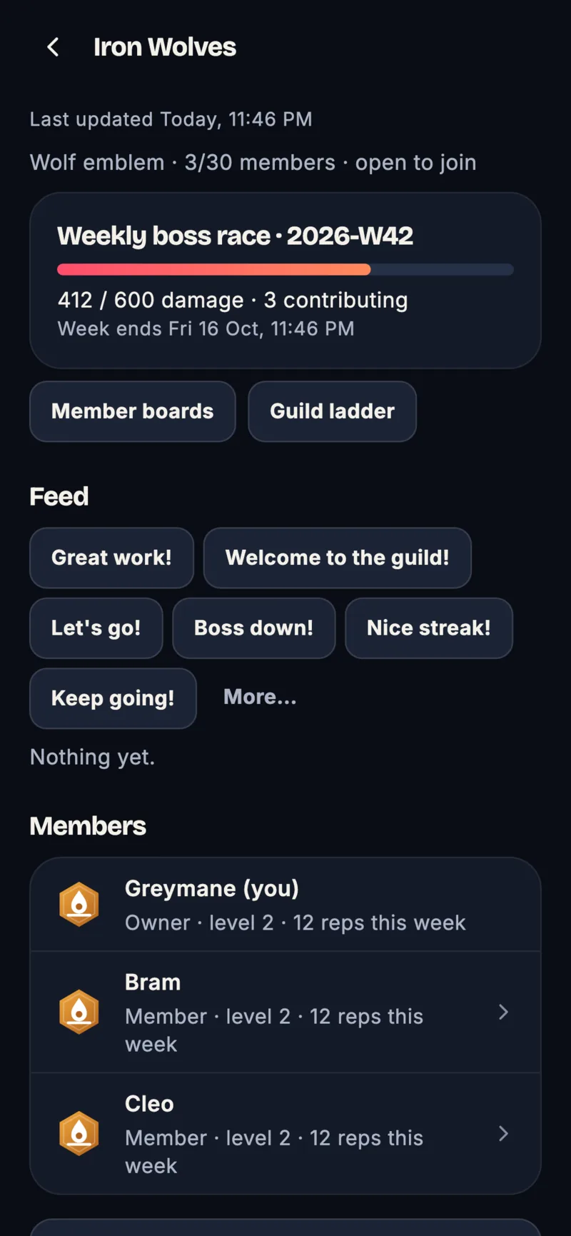Repbound guild screen for Iron Wolves: a weekly boss race at 412 of 600 damage with 3 members contributing, member boards and guild ladder buttons, preset cheer messages, and the member list.