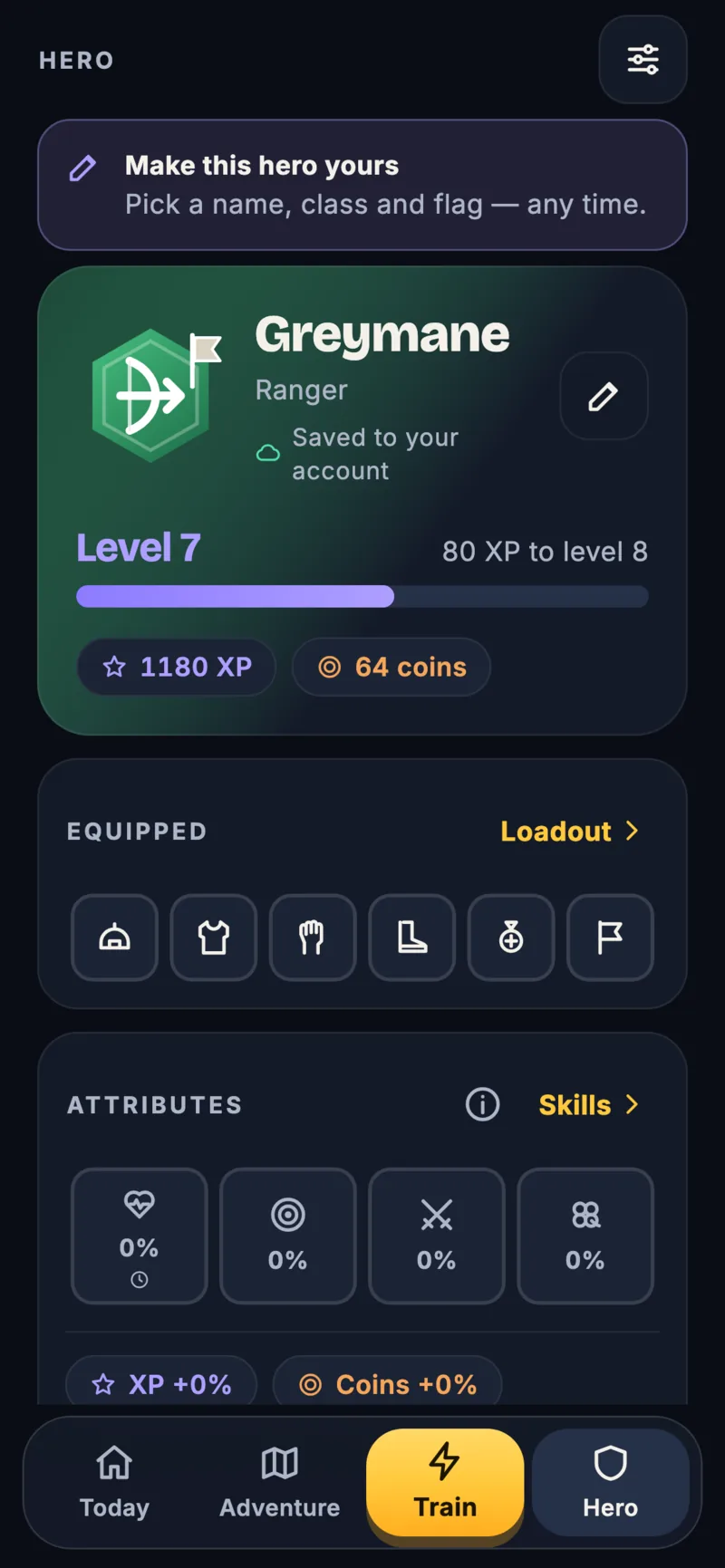 Repbound Hero screen showing the hero Greymane, a Ranger at level 7 with 1180 XP and 64 coins, plus equipment slots and attributes with links to Loadout and Skills.