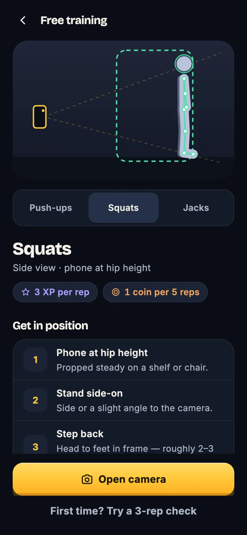 Repbound squat setup screen: a diagram of a phone propped at hip height facing a person side-on, then steps — phone at hip height, stand side-on, step back so head to feet are in frame — and an "Open camera" button.